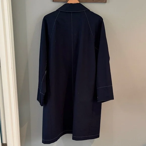 J Crew 100% Cotton  Navy Blue Trench Coat w/ contrasting white stitching size XL - Picture 6 of 7
